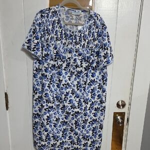 NWT VTG National Womens Nightgown Loungewear White/Blue Floral Smocked Sz 1X